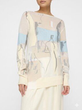 Lafayette 148 New York Sheer Sketchbook Printed Intarsia Sweater XS EUC